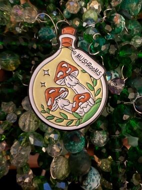Mushrooms Enamel Pin - Orange & Green Mushroom Bottle